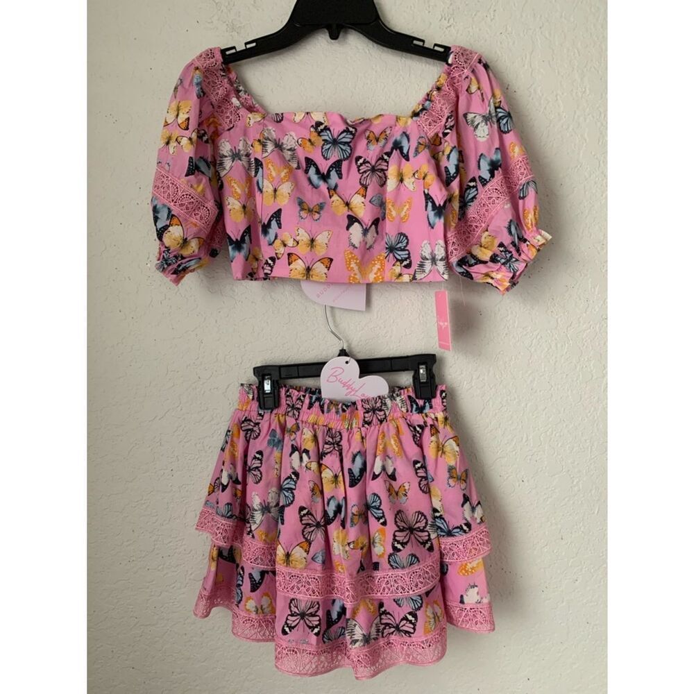 NWT Buddy Love Girls Pink Butterfly Two-Piece Crop Top & Skirt Set Size M